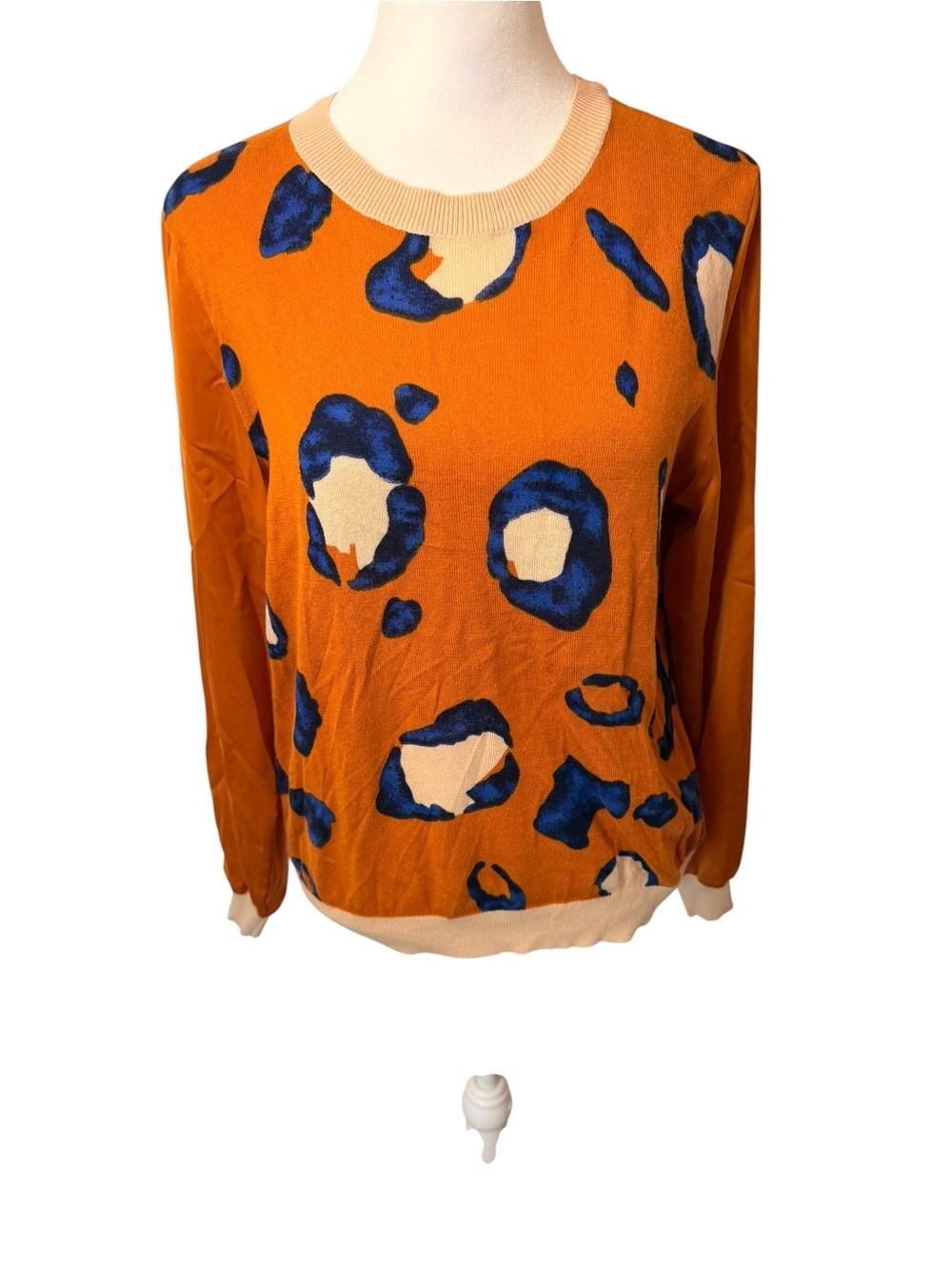 Phillip Lim Orange Animal Print Crewneck Sweater with Blue Accents